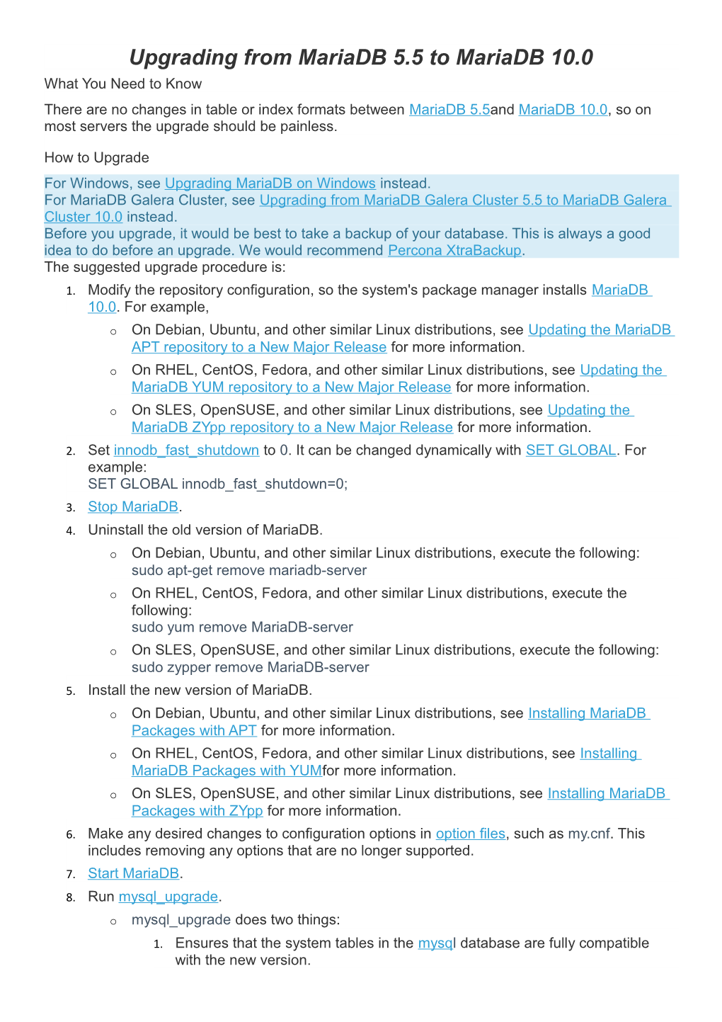 Upgrading from Mariadb 5.5 to Mariadb 10.0