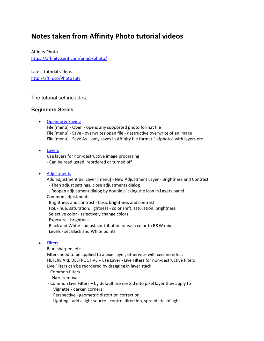 Notes Taken from Affinity Photo Tutorial Videos