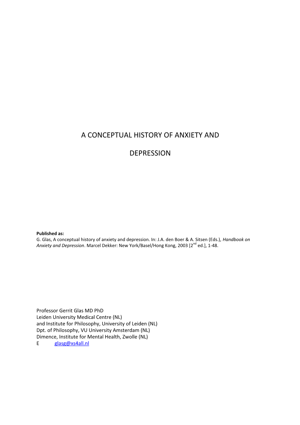 A Conceptual History of Anxiety and Depression