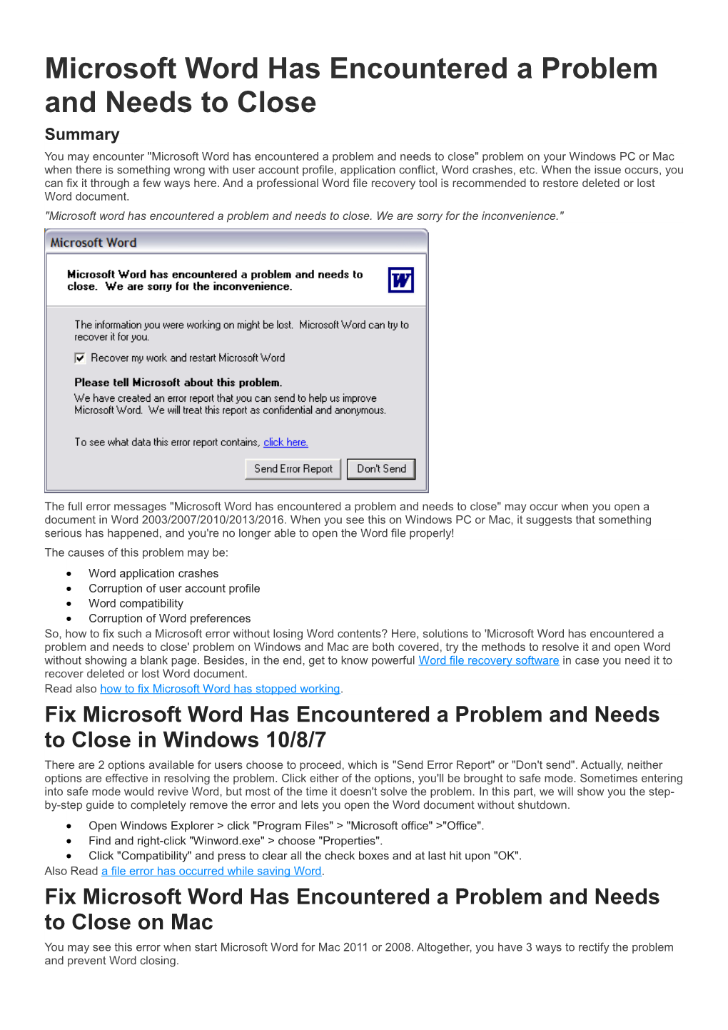 Microsoft Word Has Encountered a Problem and Needs to Close