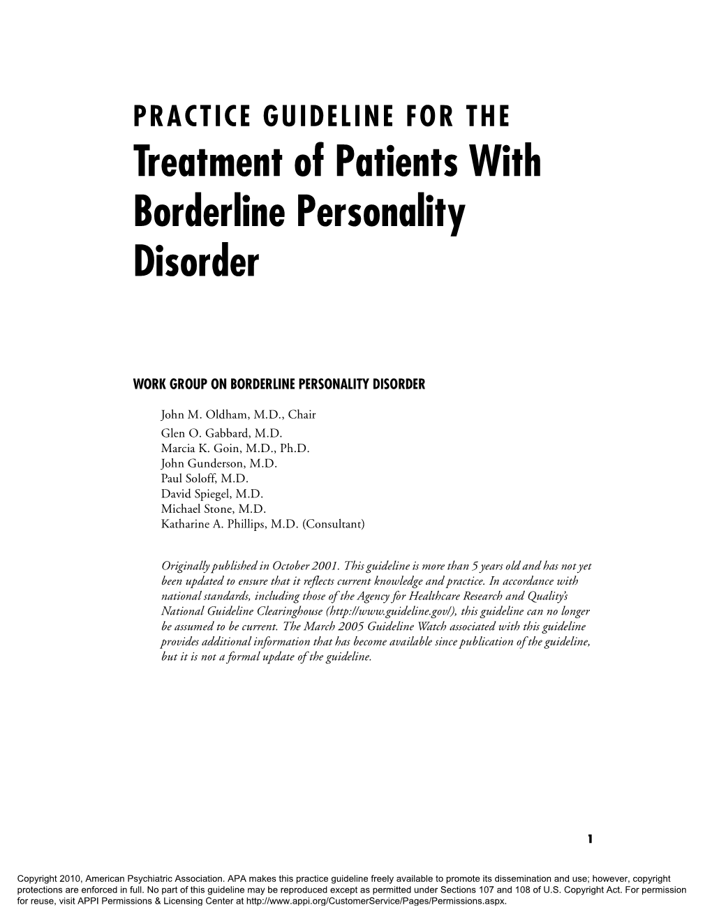 PRACTICE GUIDELINE for the Treatment of Patients with Borderline Personality Disorder