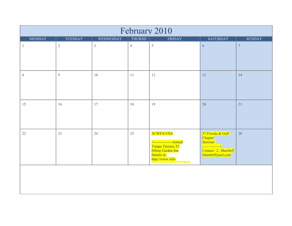 2011 Tentative Schedule of Events