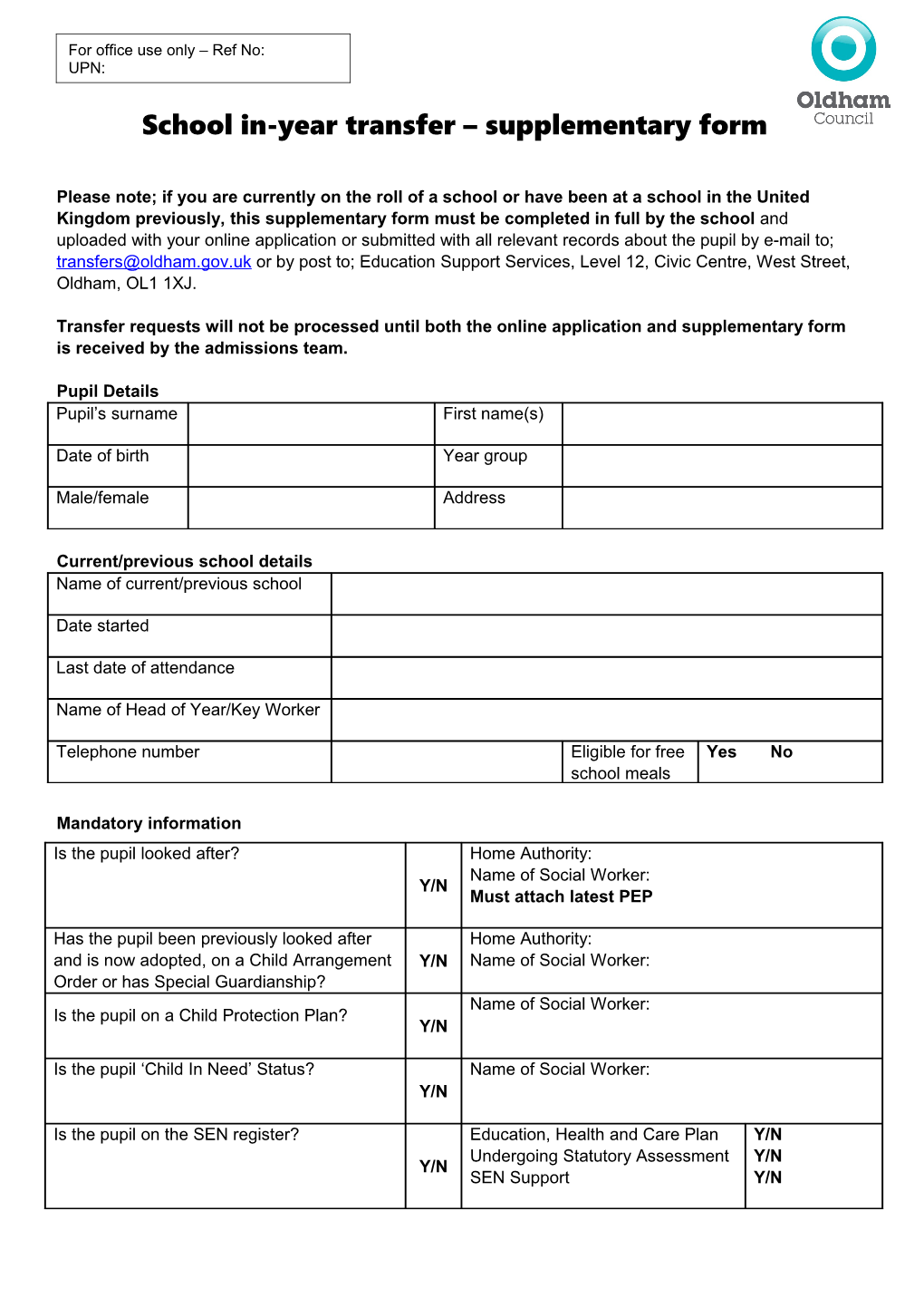 School In-Year Transfer Supplementary Form