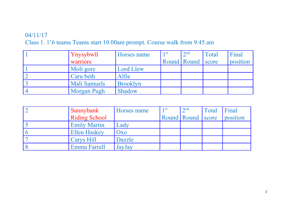 Class 1. 1 6 Teams Teams Start 10.00Am Prompt. Course Walk from 9.45.Am