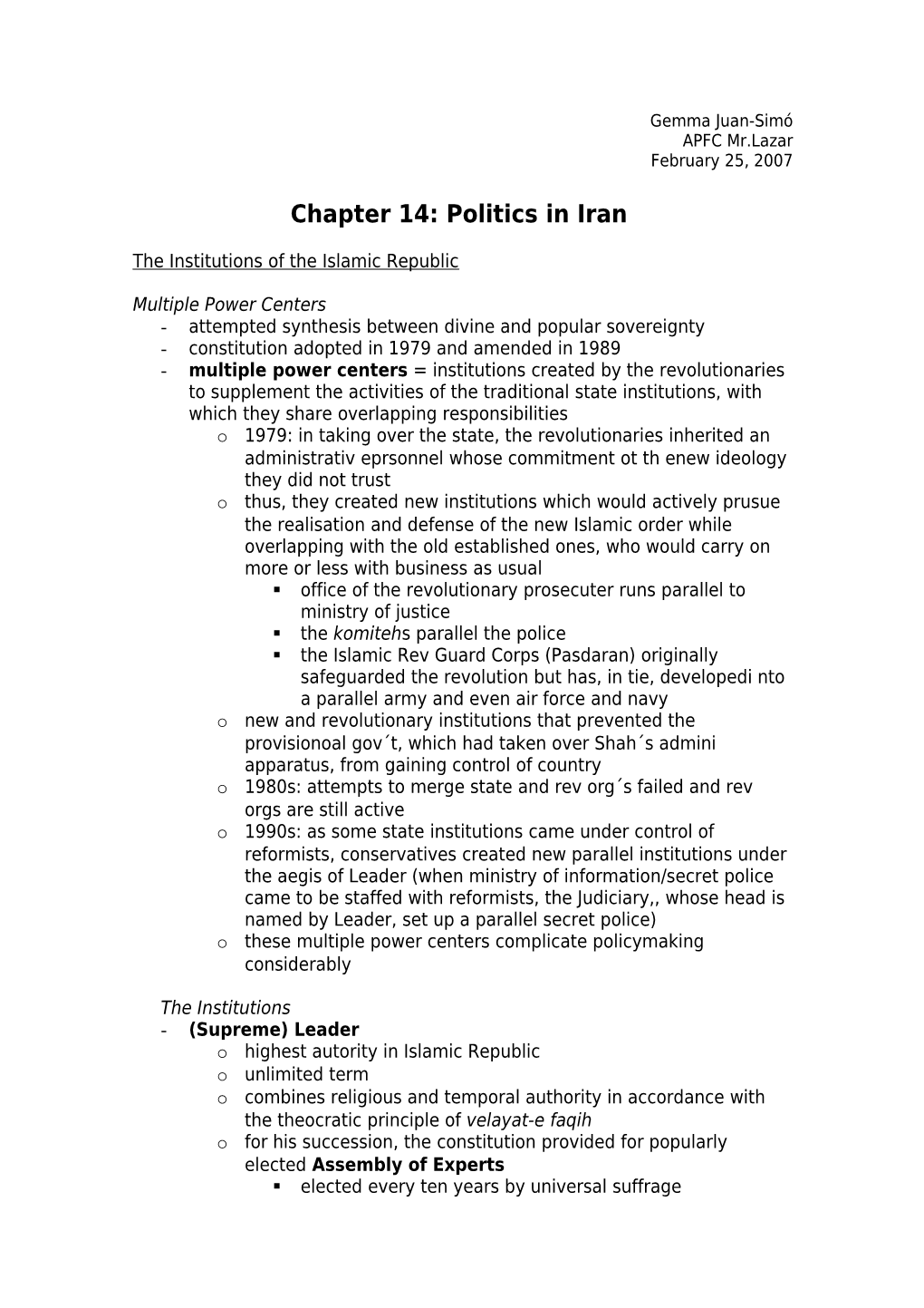 Chapter 14: Politics in Iran