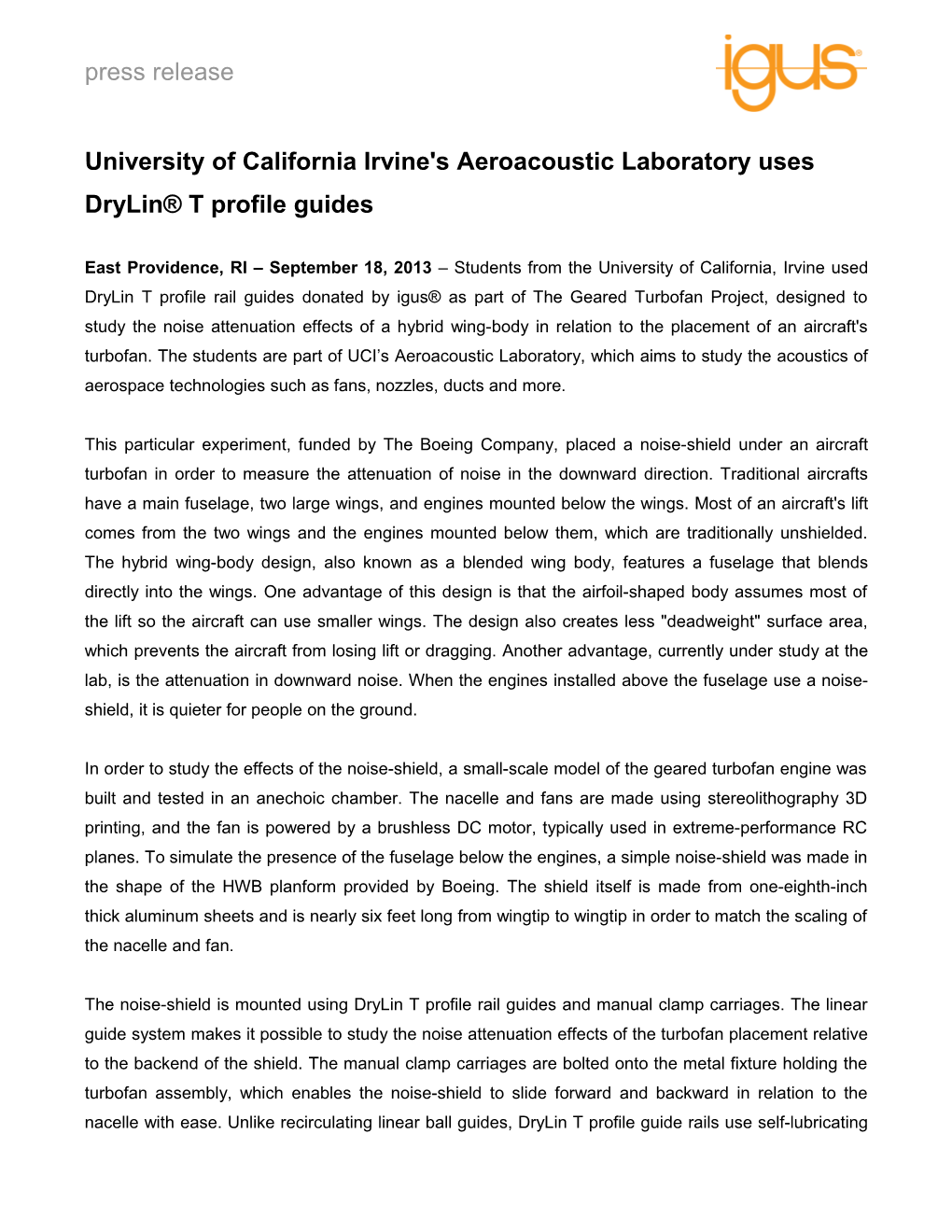 University of California Irvine's Aeroacoustic Laboratory Uses Drylin T Profile Guides