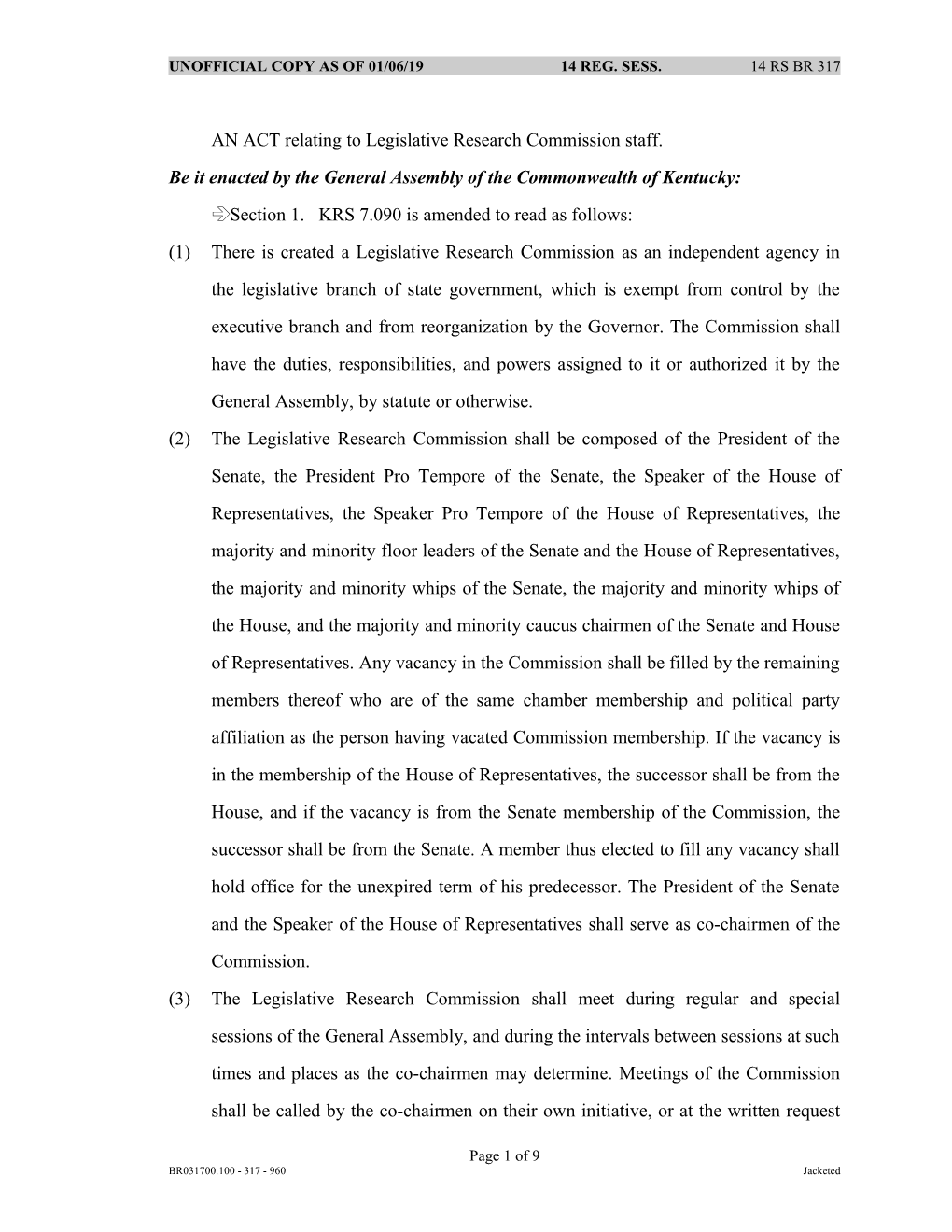 AN ACT Relating to Legislative Research Commission Staff