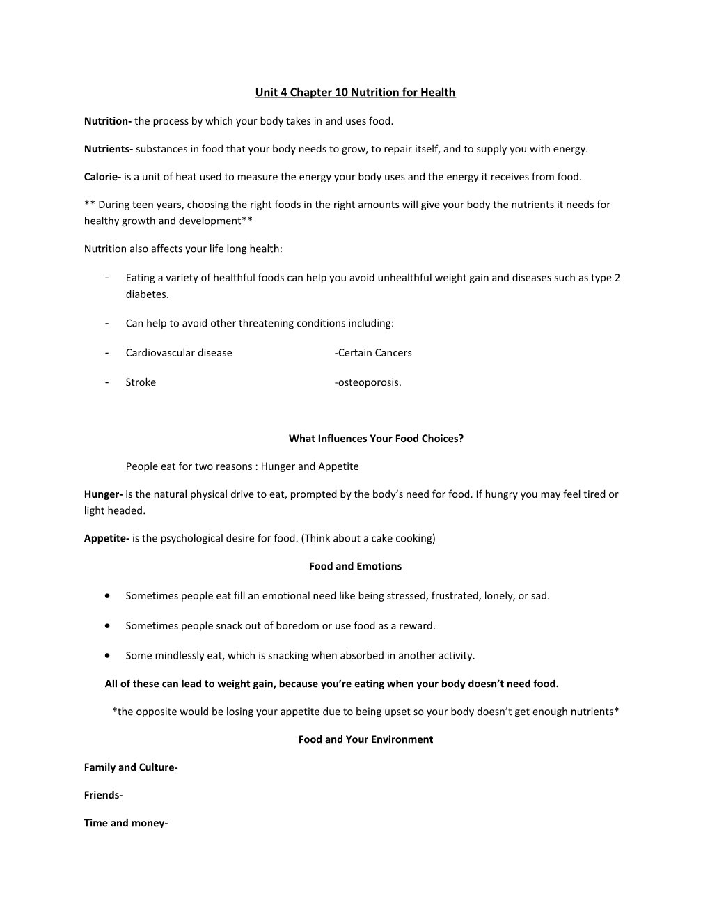 Unit 4 Chapter 10 Nutrition for Health