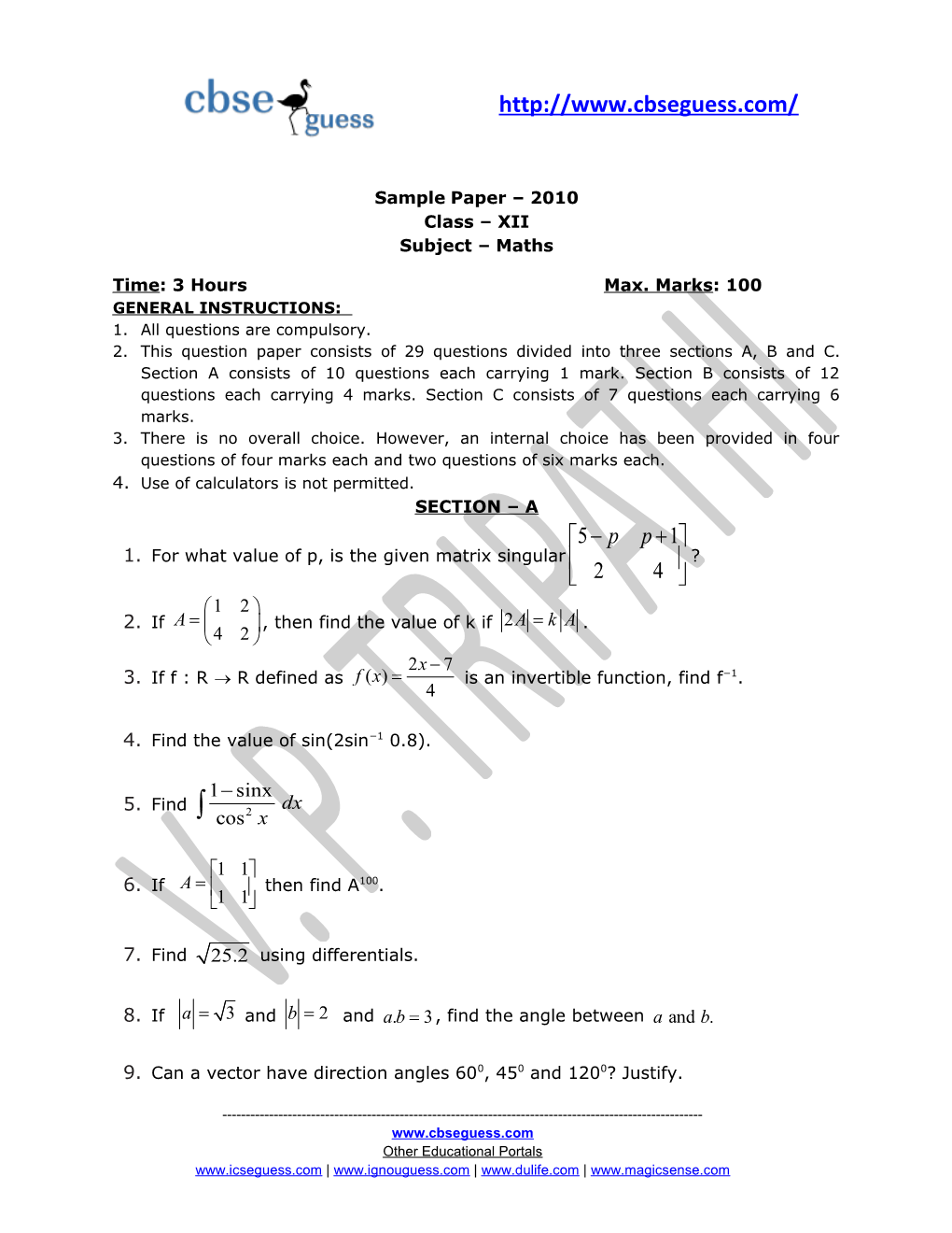 Sample Paper 2010 Class XII Subject Maths