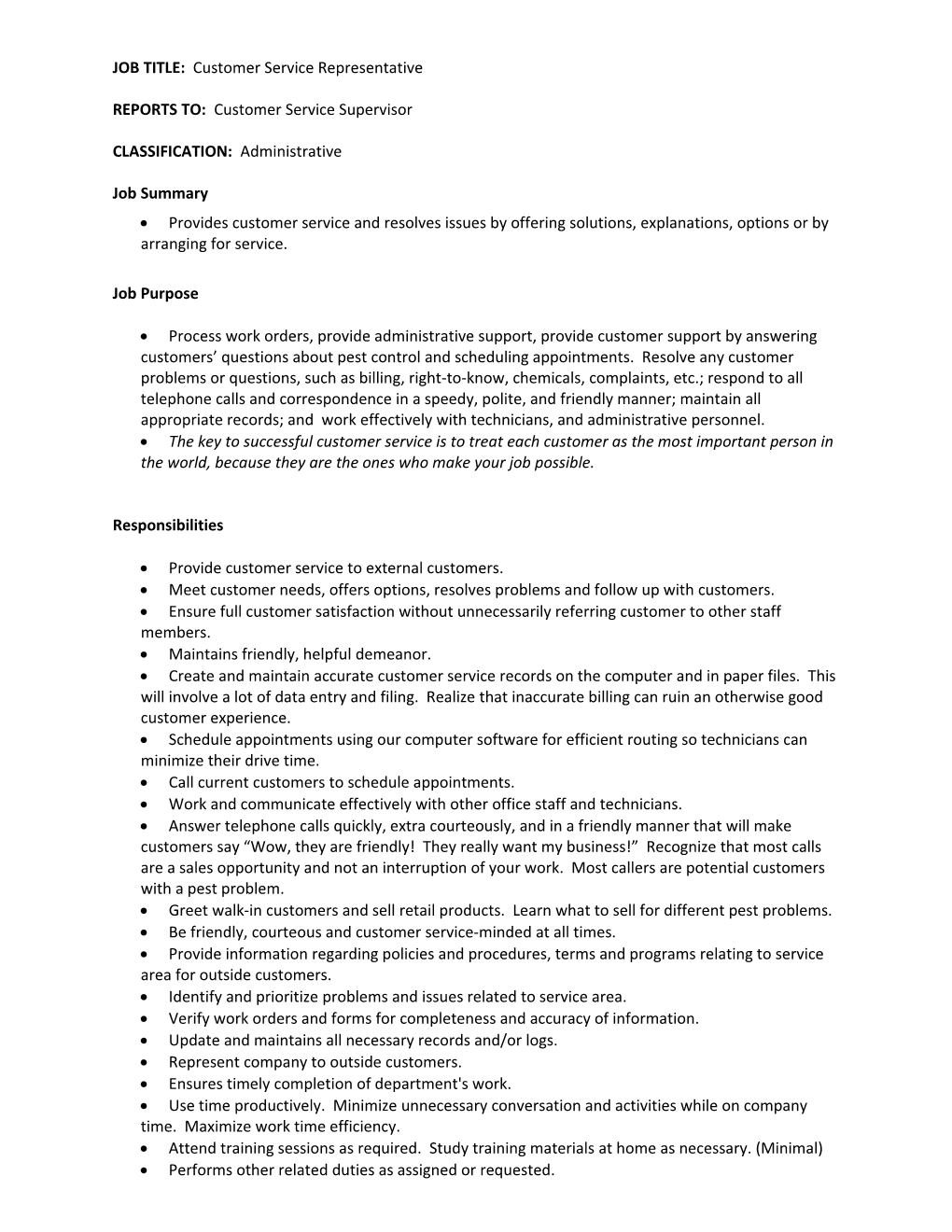 Customer Service Representative Job Description