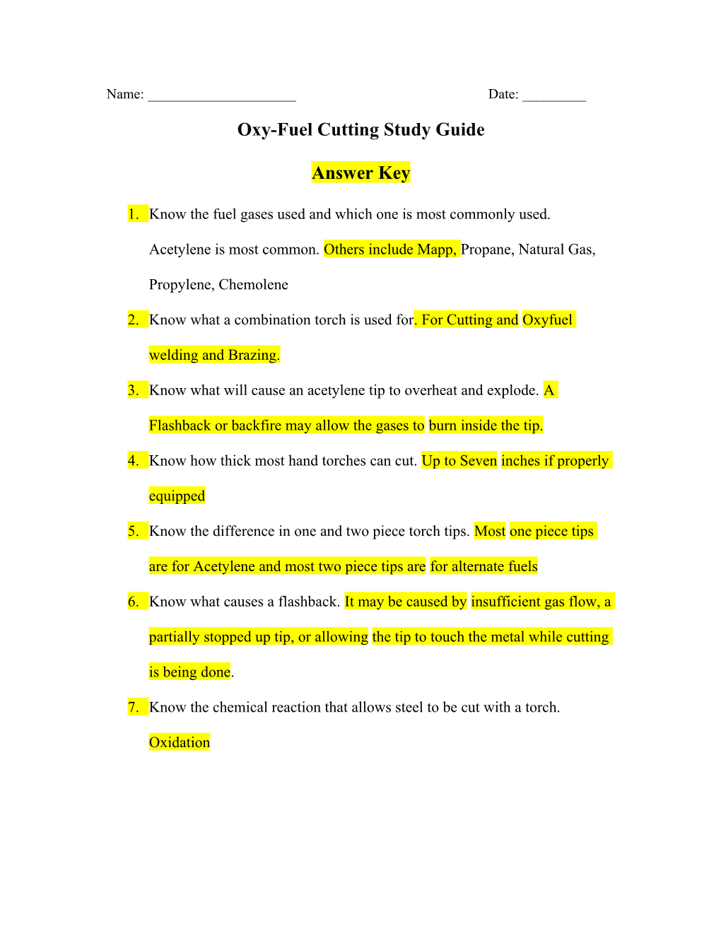 Oxy-Fuel Cutting Study Guide