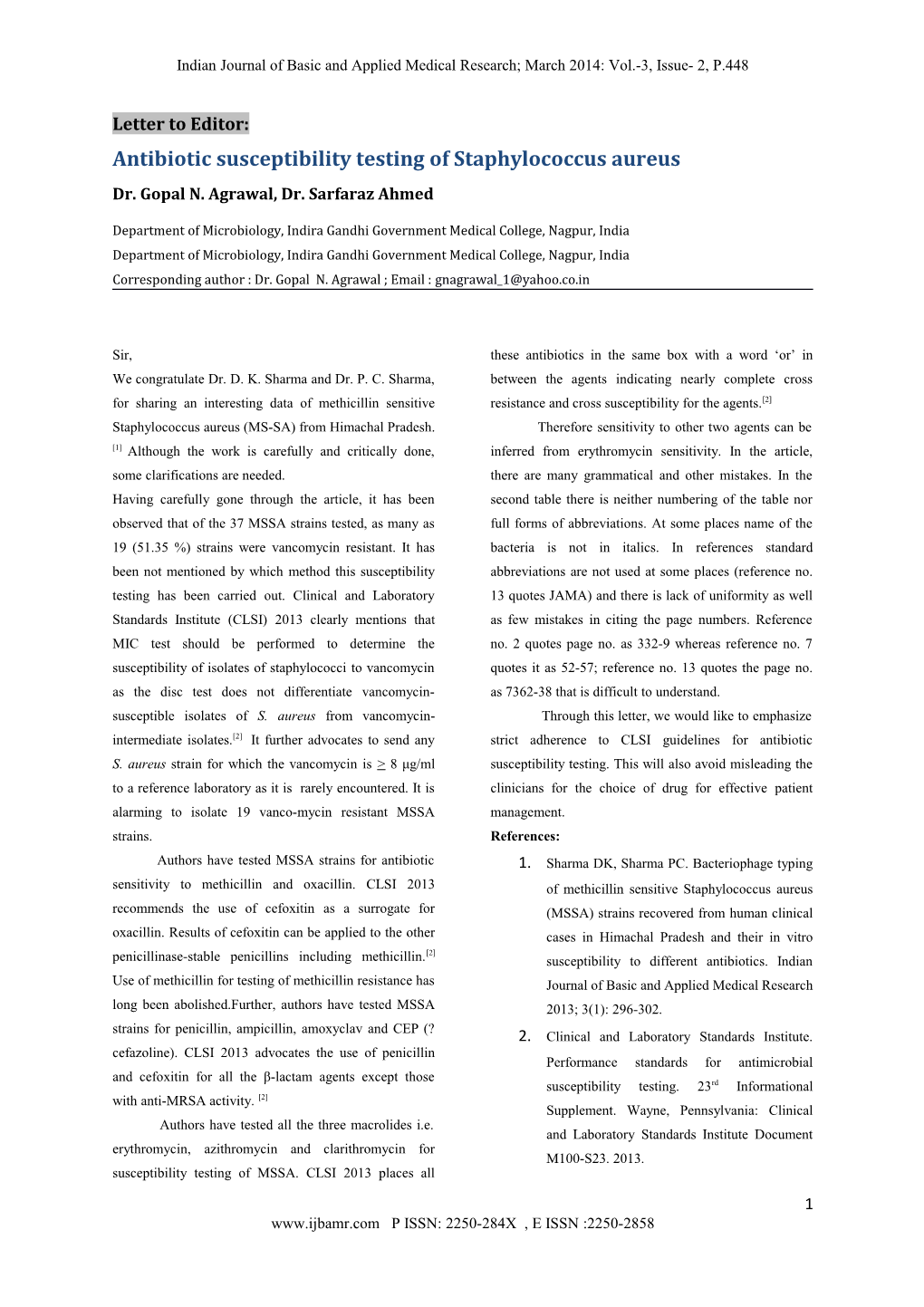 Antibiotic Susceptibility Testing of Staphylococcus Aureus