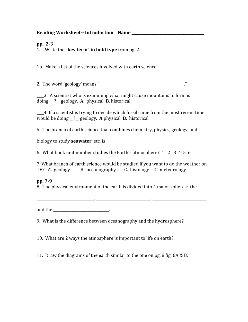 Reading Worksheet Introduction Name ______