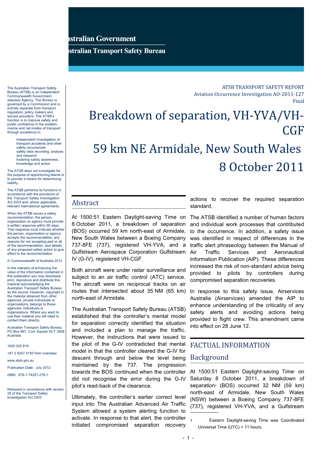 Breakdown of Separation, VH-YVA/VH-CGF 59 Km NE Armidale, New South Wales 8 October 2011