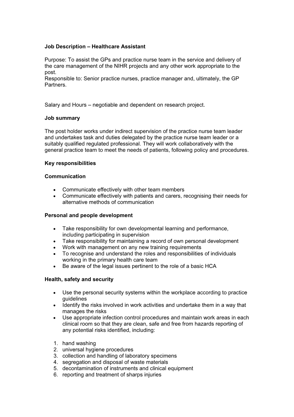 Health Care Assistant Person Specification