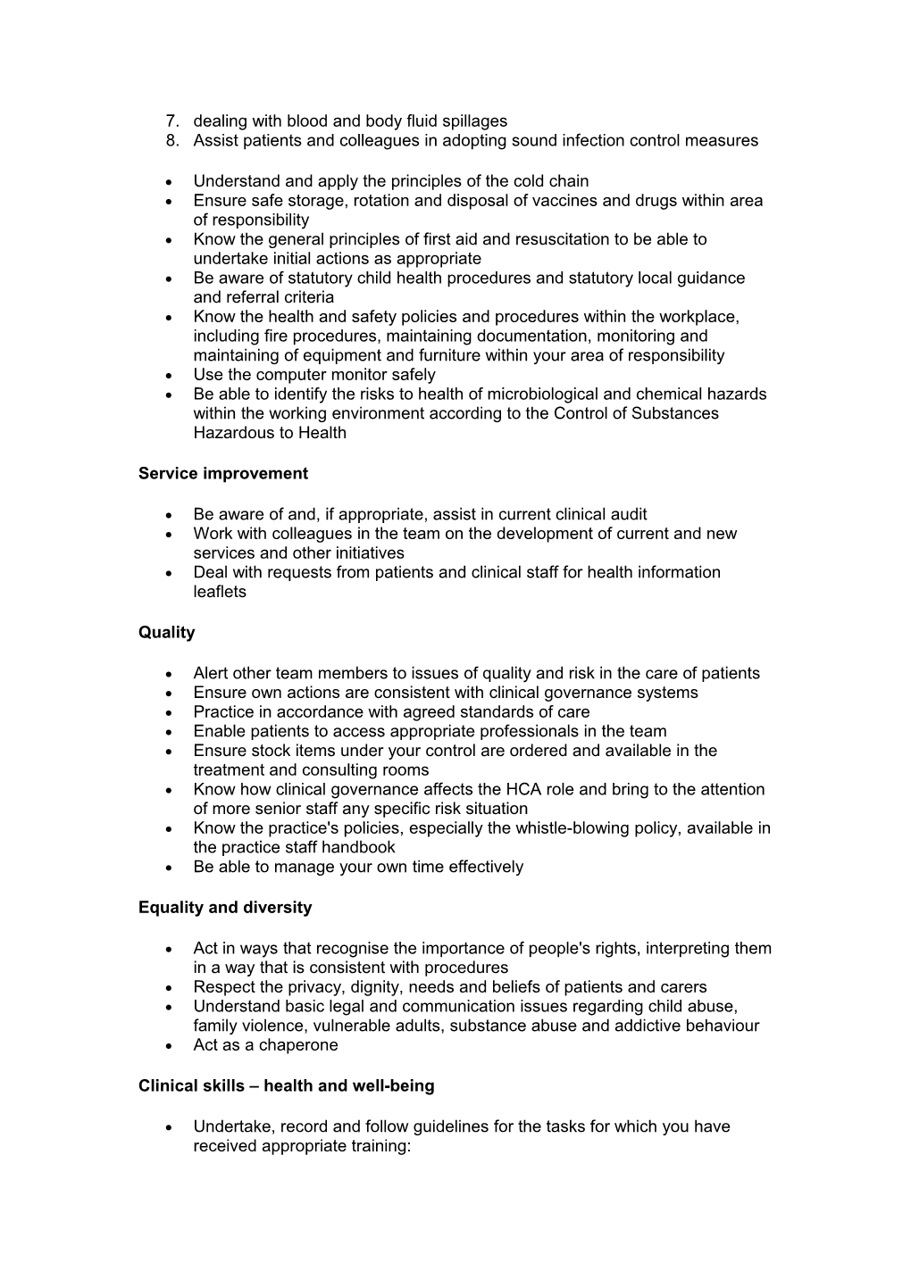 Health Care Assistant Person Specification