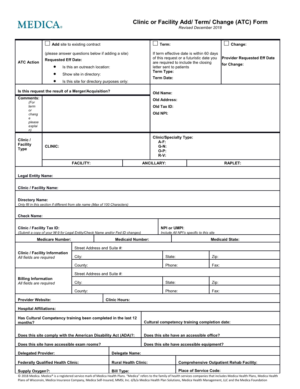 Clinic Or Facility Add/ Term/ Change (ATC) Form