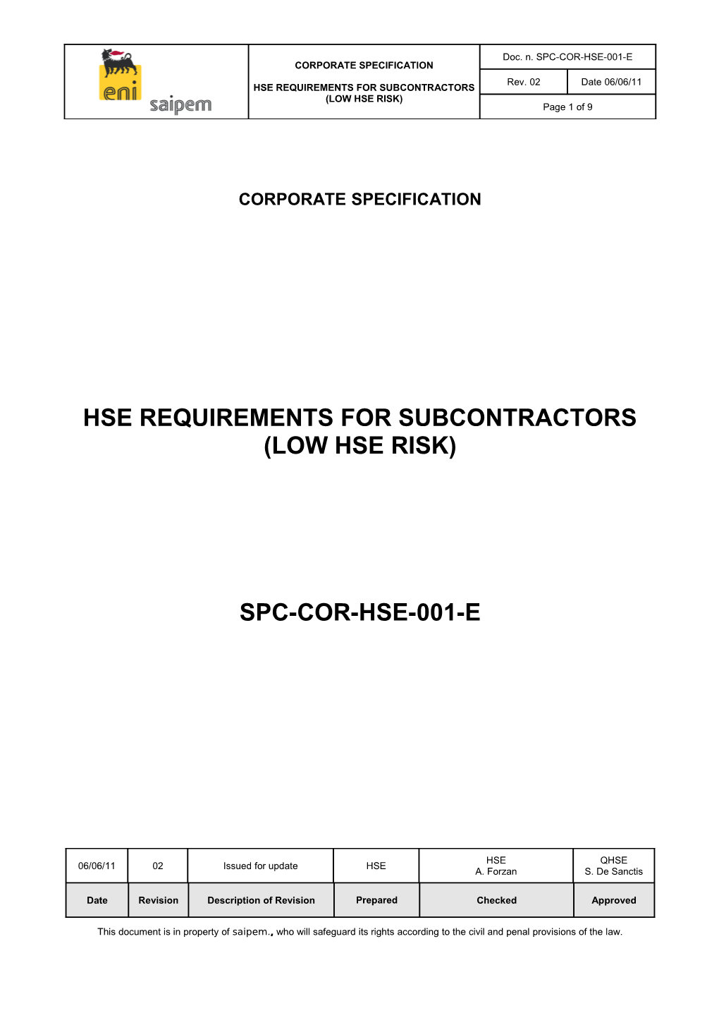 HSE Requirements for Subcontractors (Low HSE Risk)
