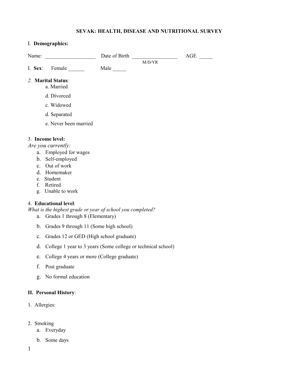 Sevak: Health, Disease and Nutritional Survey