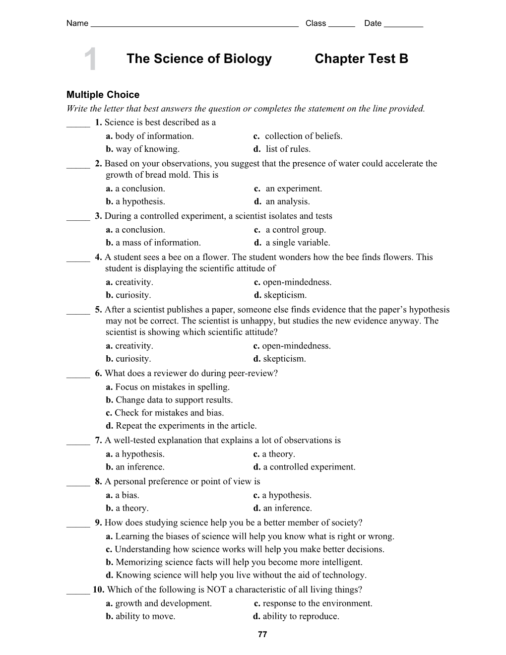 The Science of Biologychapter Test B