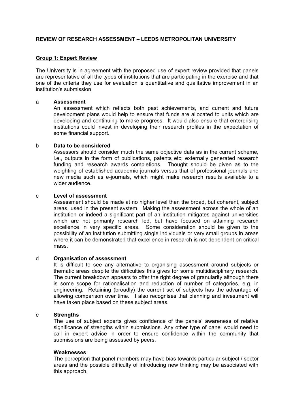 Review of Research Assessment Leeds Metropolitan University