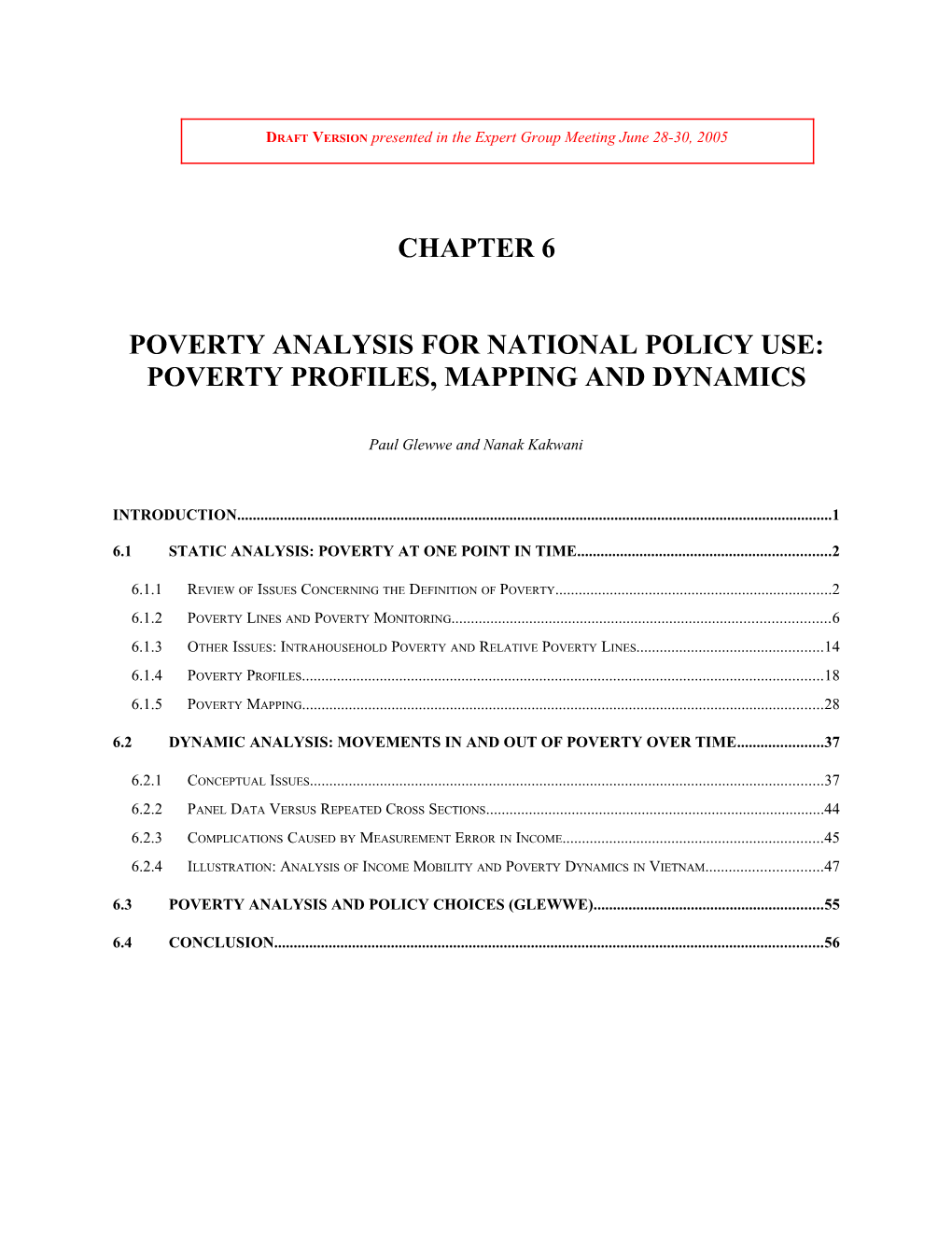 Draft Outline for Chapter 6 of Unstat Handbook on Poverty Statistics