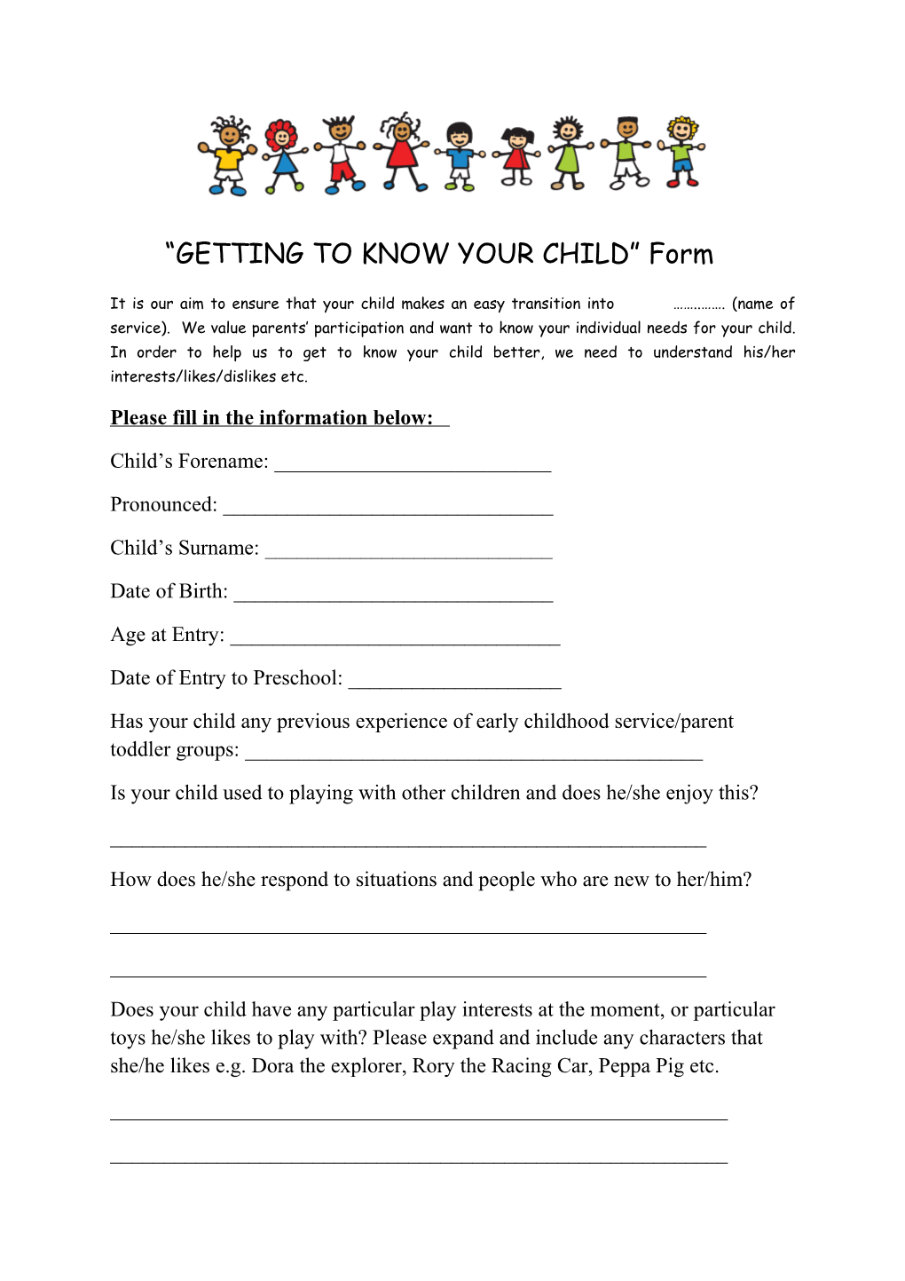 GETTING to KNOW YOUR CHILD Form