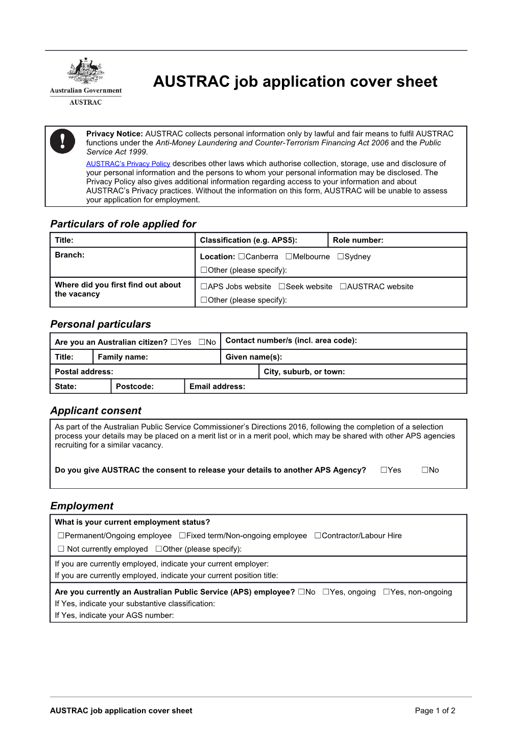 AUSTRAC Job Application Cover Sheet