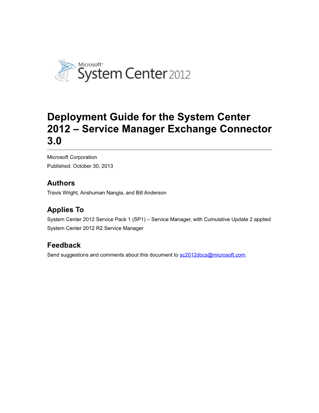 Deployment Guide for the System Center 2012 Service Manager Exchange Connector 3.0