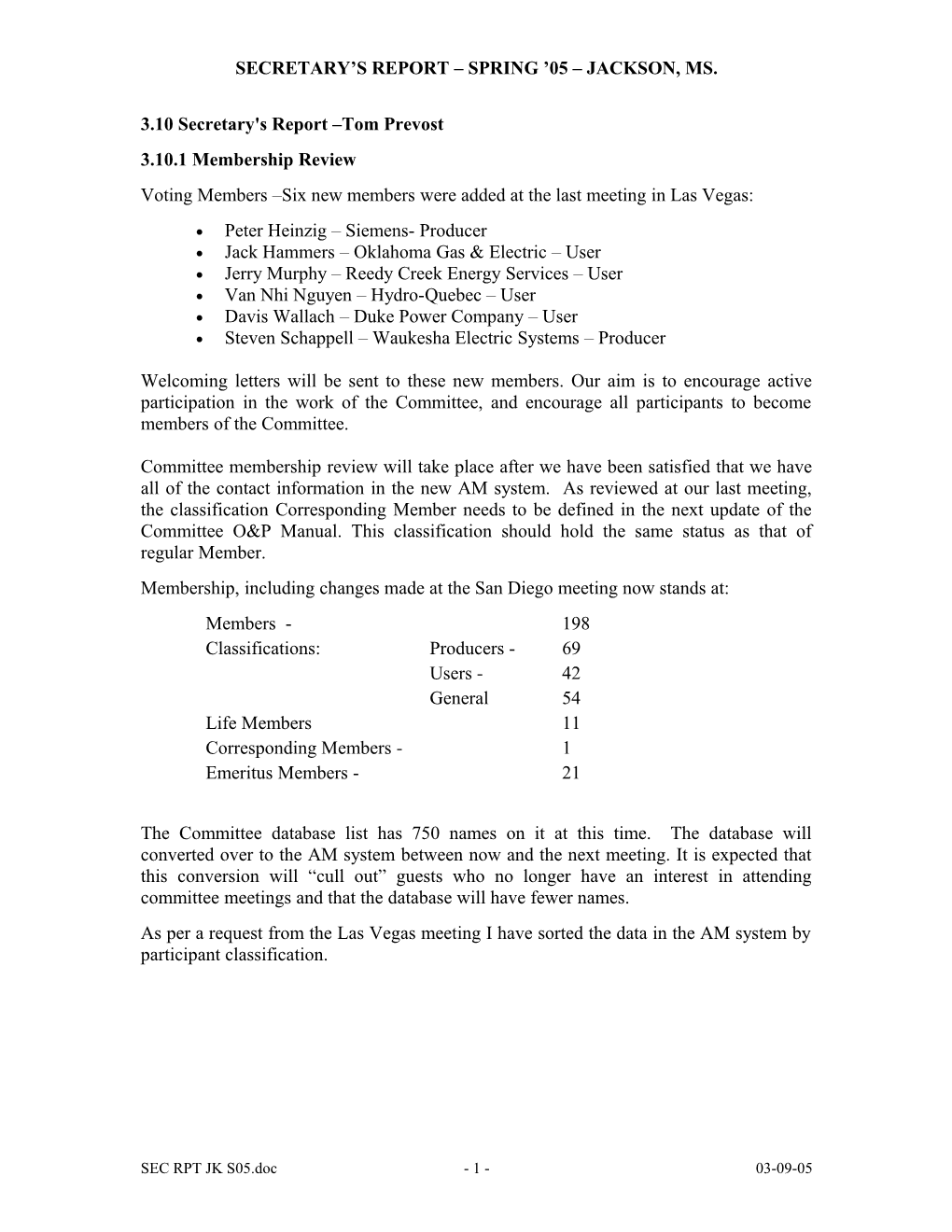 Spring 2005 TR Committee Secretaries Report