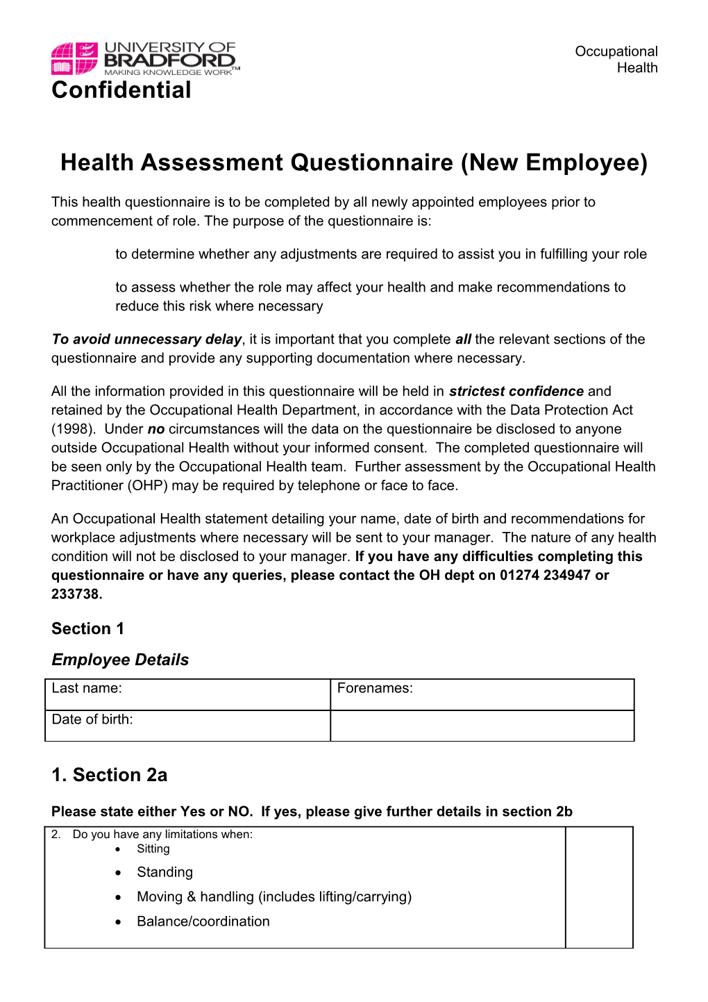 Health Assessment Questionnaire (New Employee)
