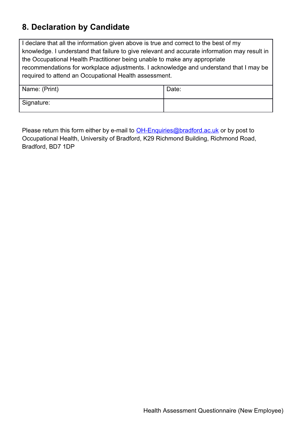 Health Assessment Questionnaire (New Employee)