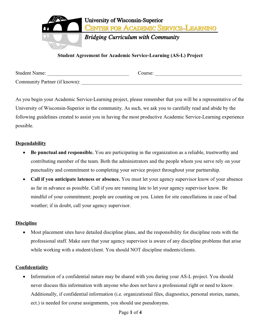 Student Agreement for Academic Service-Learning (AS-L) Project