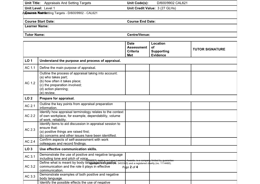 Appraisals and Setting Targets - D/600/9902 - CAL621