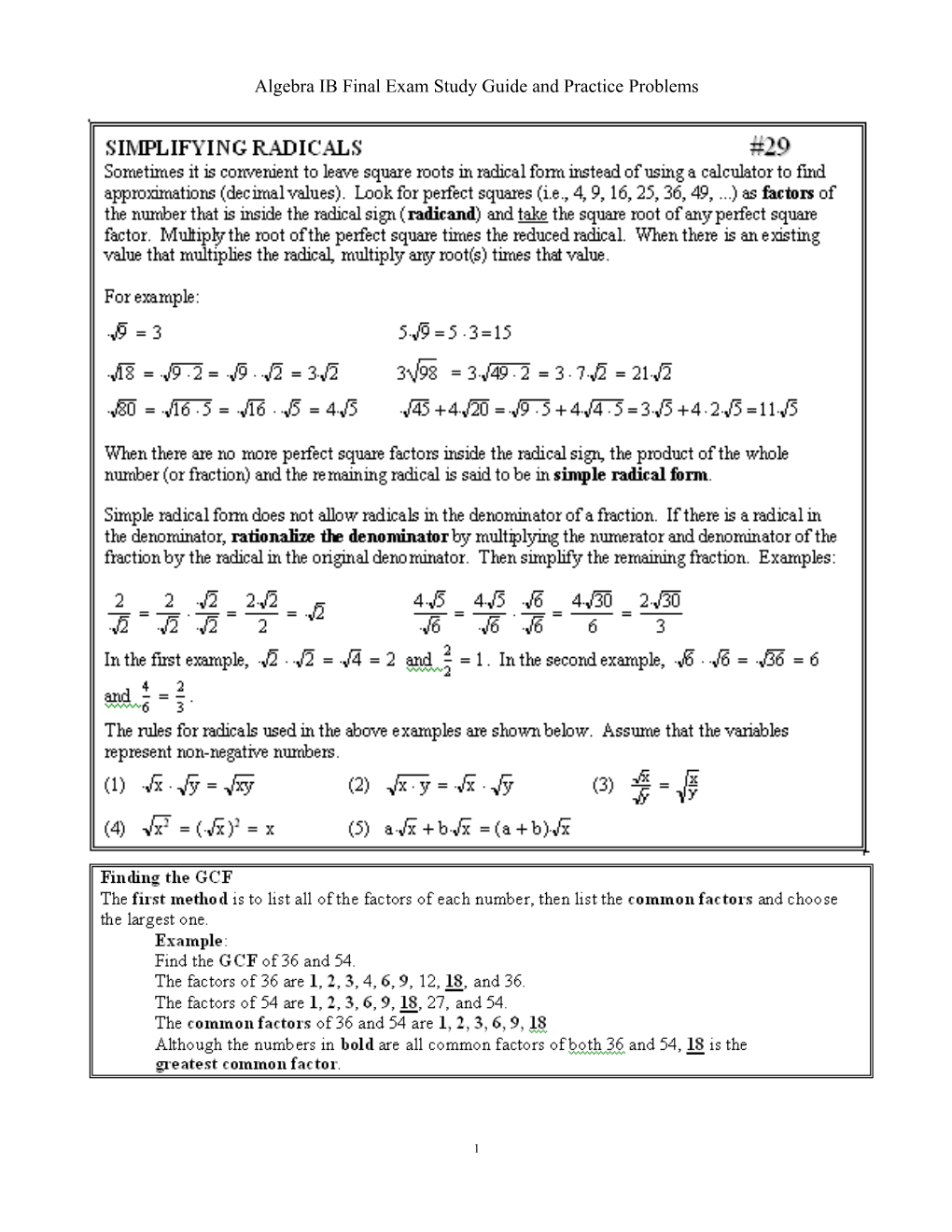 Algebra IB Final Exam Study Guide and Practice Problems