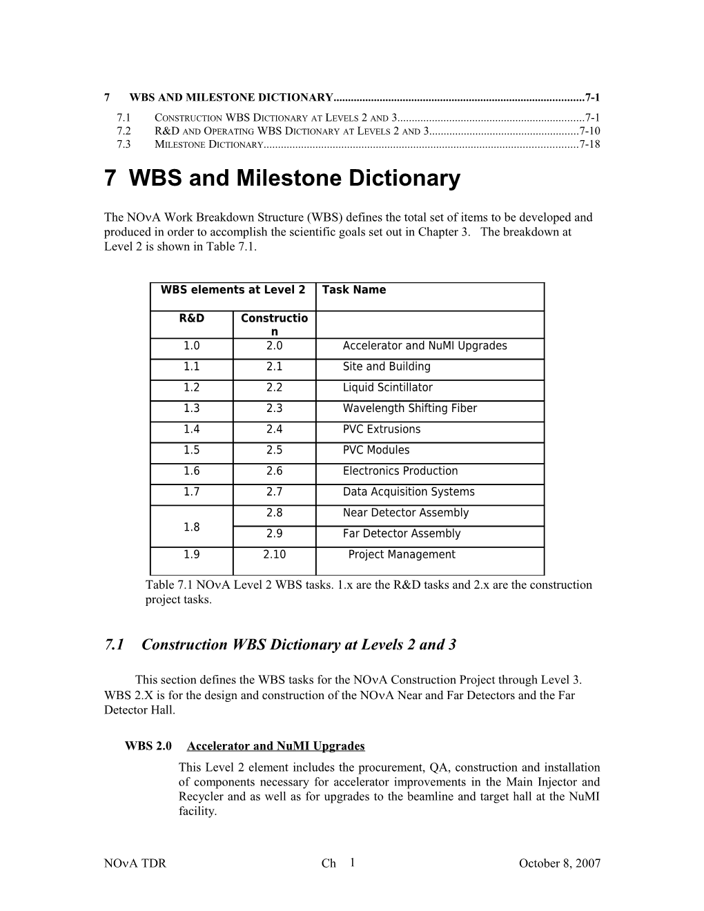 7WBS and Milestone Dictionary