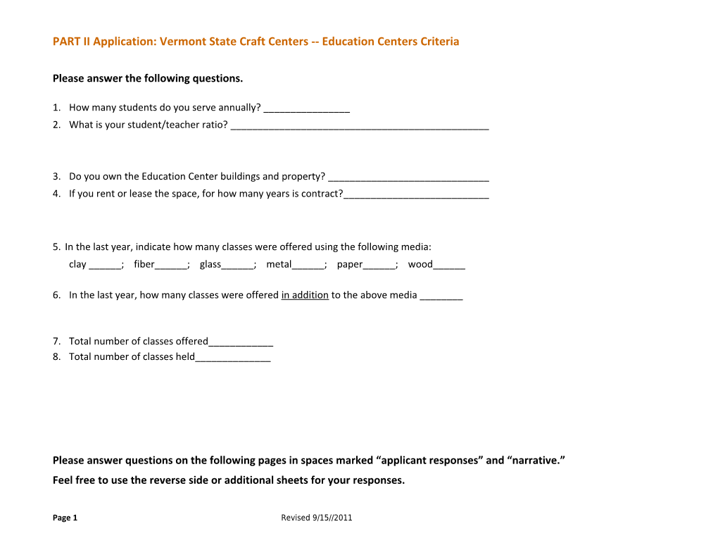 PART II Application: Vermont State Craft Centers Education Centers Criteria