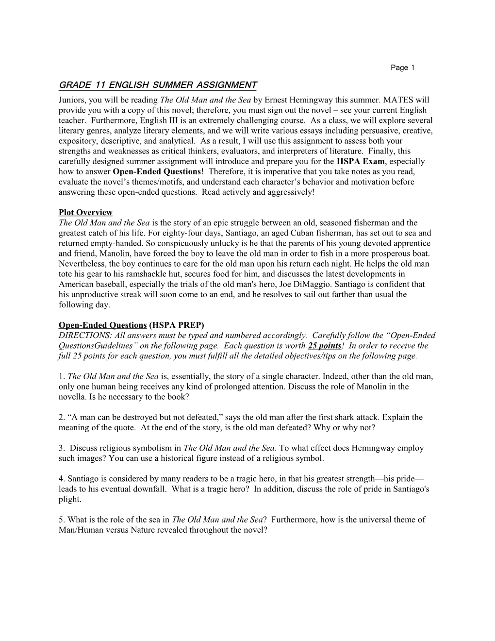 Page 1 GRADE 11 ENGLISH SUMMER ASSIGNMENT