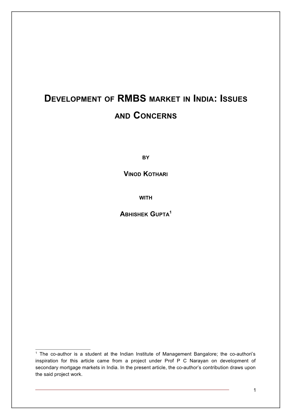 Development of RMBS Market in India: Issues and Concerns