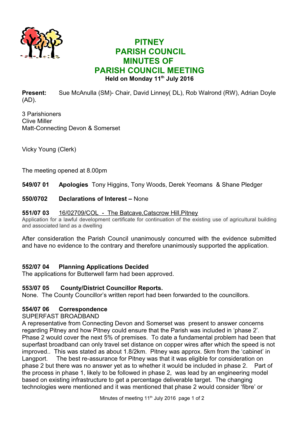 There Was a Meeting of Pitney Parish Council on Monday 7Th March 2005 in the Village Hall