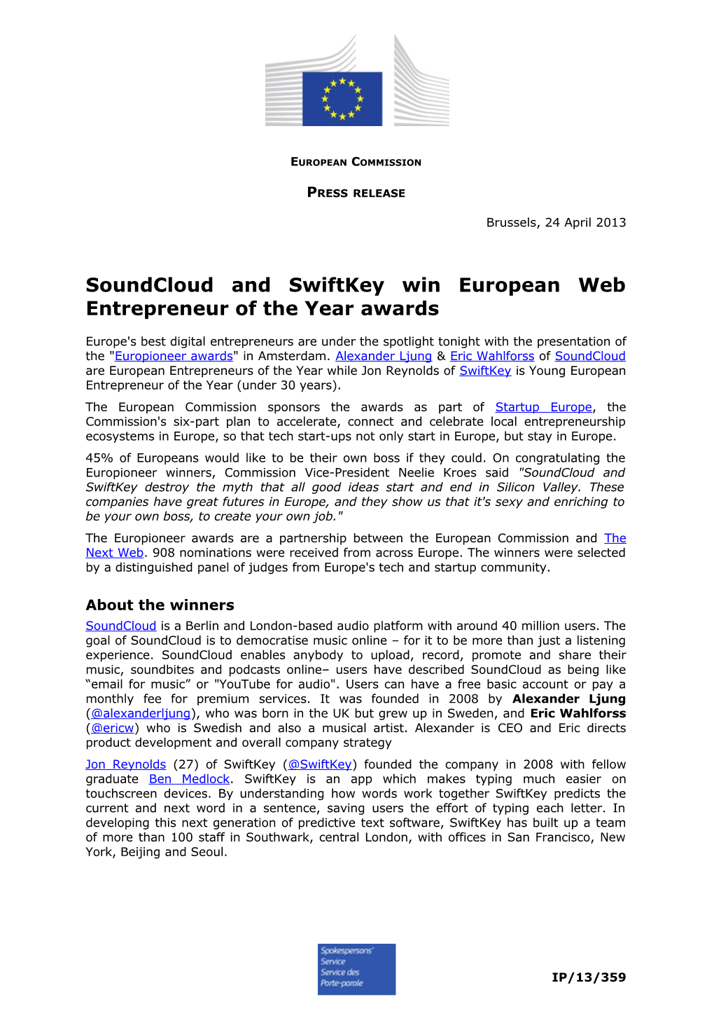 Soundcloud and Swiftkey Win European Web Entrepreneur of the Year Awards