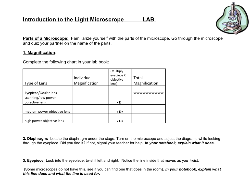 Complete the Following Chart in Your Lab Book