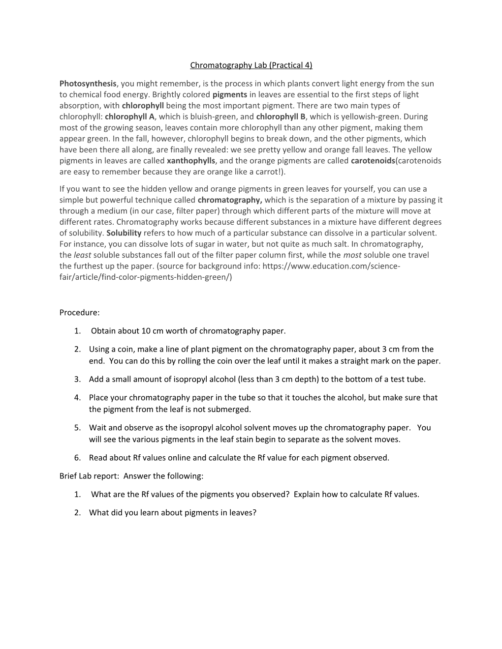 Chromatography Lab (Practical 4)