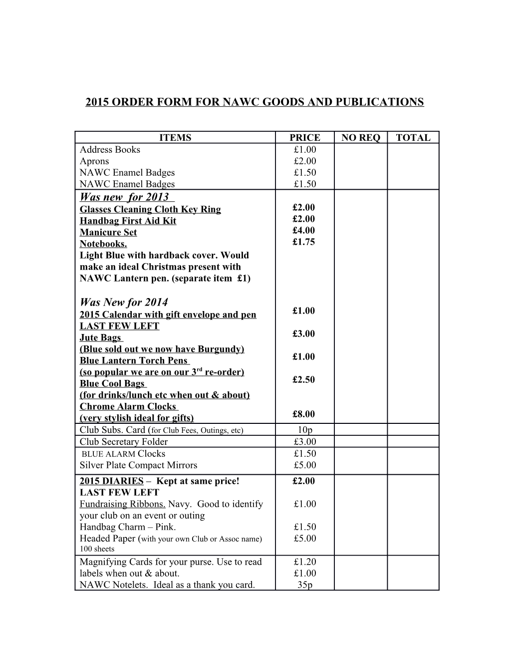 2001 Order Form for Nawc Goods and Publications