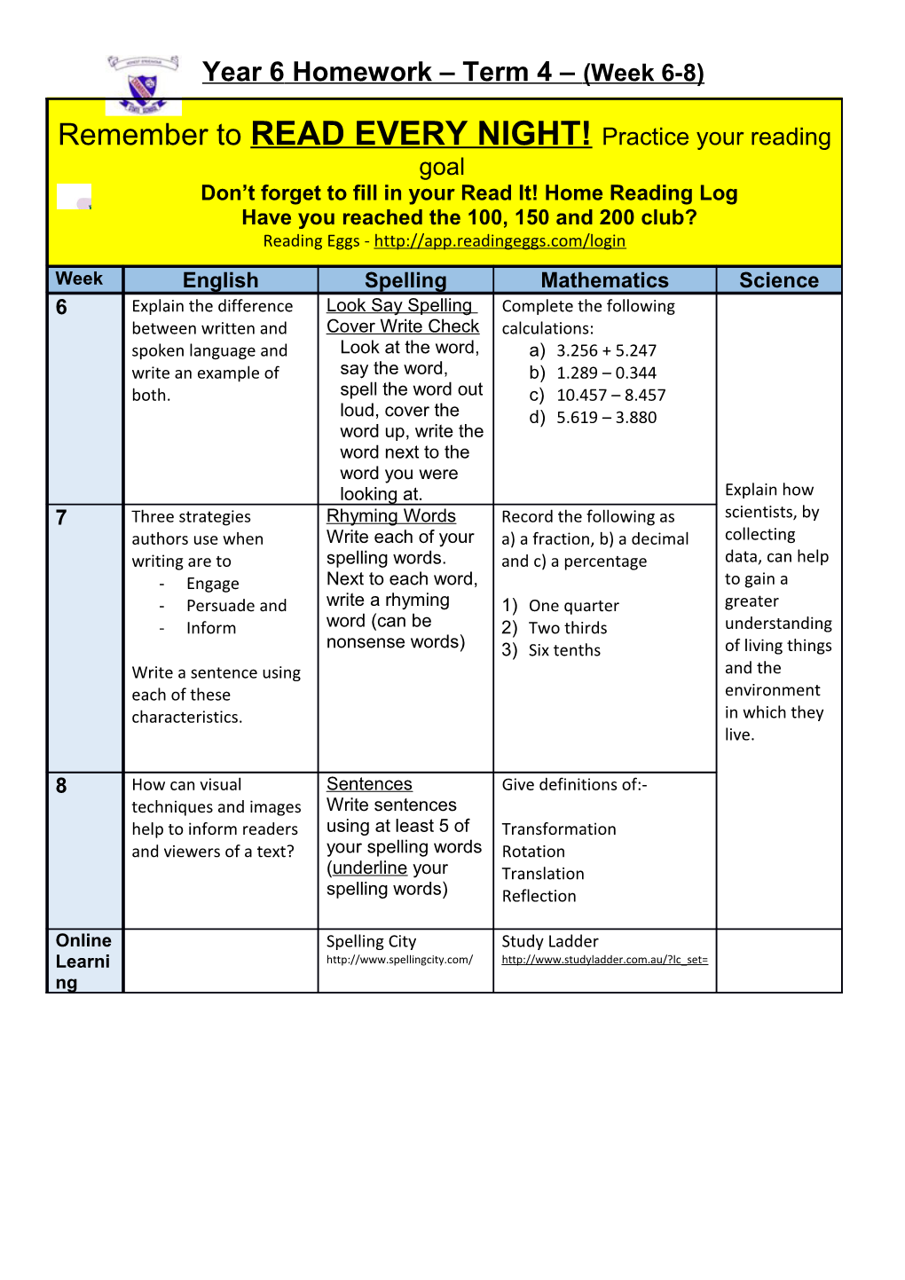 Year 6 Homework Term 4 (Week 6-8)