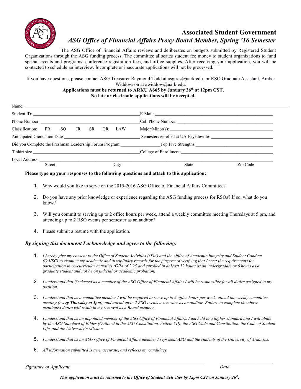 Associated Student Government University Committee Application
