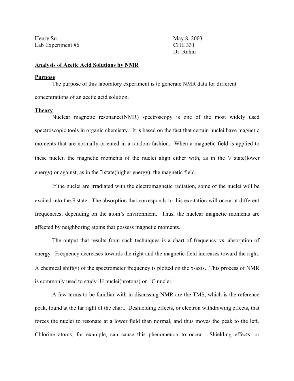 Analysis of Acetic Acid Solutions by NMR