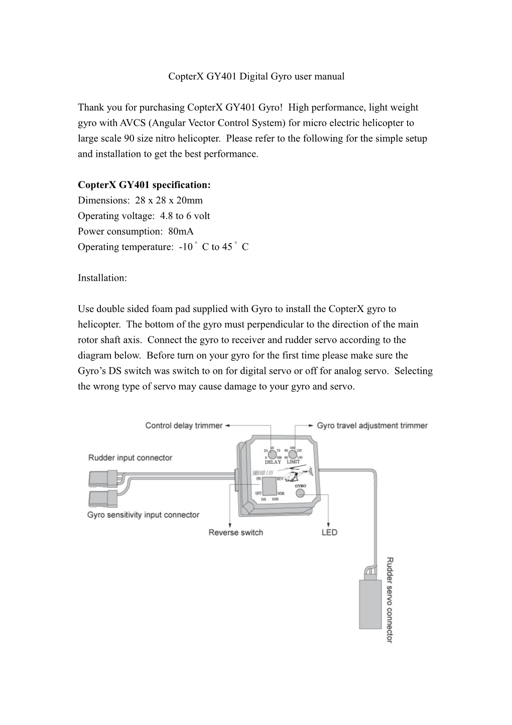 Copterx GY401 Digital Gyro User Manual