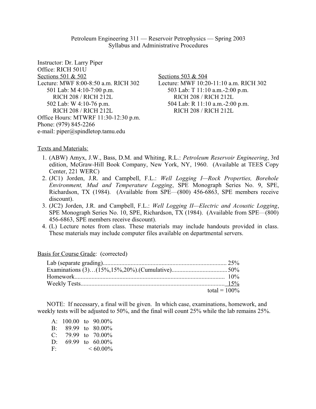 Petroleum Engineering 311 Reservoir Petrophysics Spring 2003