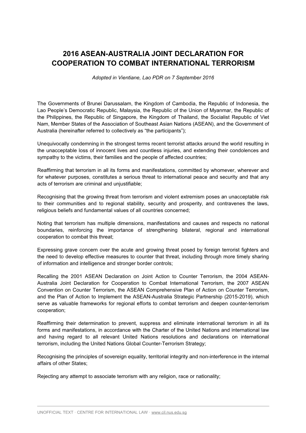 2016 ASEAN-Australia Joint Declaration for Cooperation to Combat International Terrorism